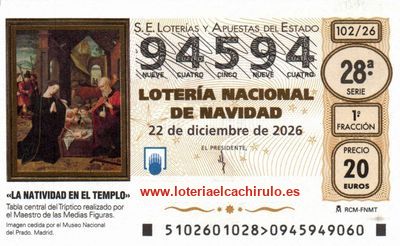 Anverso del d&eacute;cimo 94594 de la Loter&iacute;a de Navidad 2026, de Bilbao (Vizcaya)